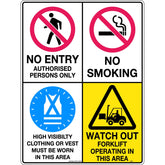 Uniform Safety Signs - 600x400mm - Corflute - Multi Sign - No Entry / No Smoking / Hi Visibility / Watch Out For Forklifts | 387LC